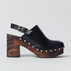 Matisse Black Leather Clogs with Wooden Heel